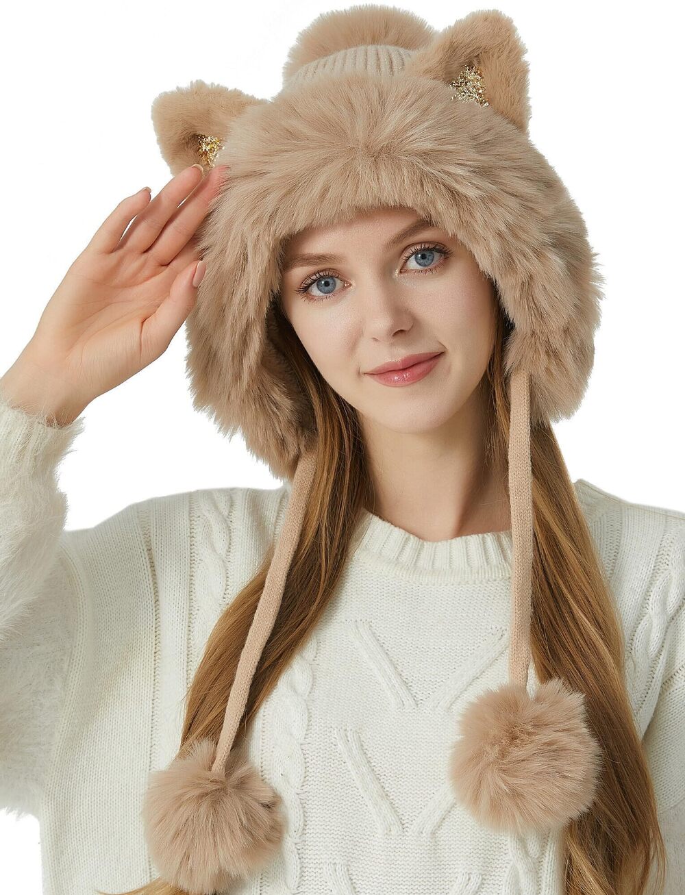1571 Winter Cat Ear Beanie Hats Warm Crochet Knit Hat Soft Skull Cap